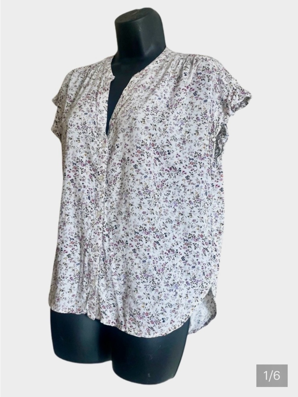 J. Crew White Floral Split V-Neck Blouse with Pink & Purple Print